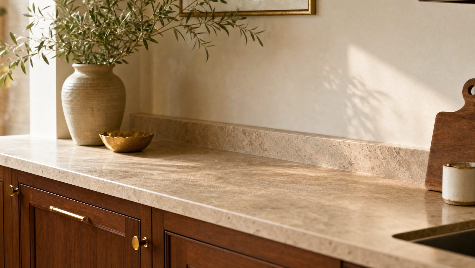 A standard 4-inch stone backsplash ledge with a painted wall above it