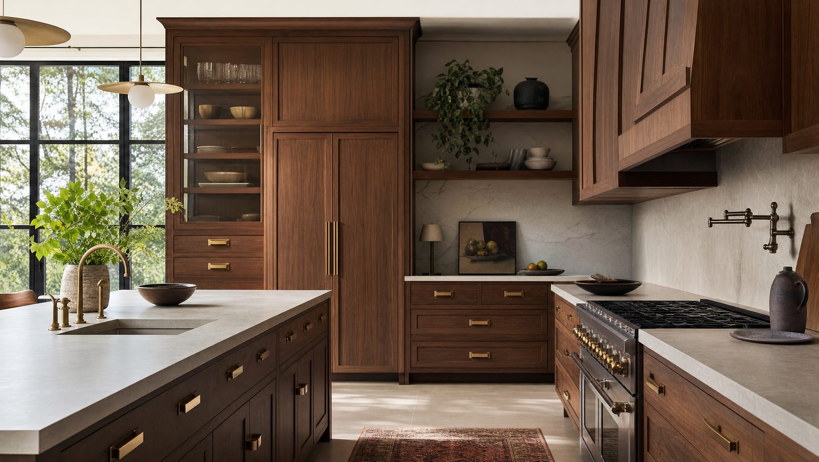 A beautifully finished custom kitchen with solid wood cabinetry and brass hardware