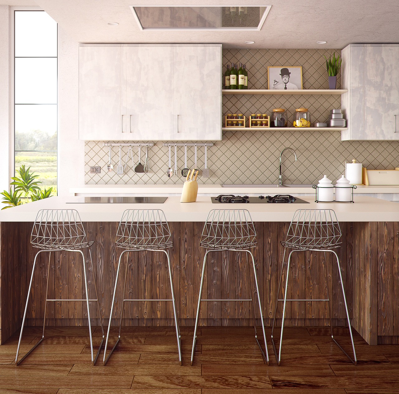 Contemporary kitchen cabinetry and interior furnishings showing a full cabinet layout