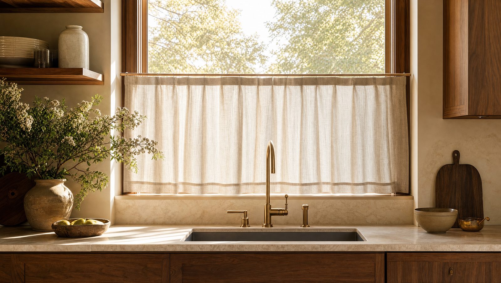 A kitchen window above the sink dressed with a simple linen cafe curtain covering the lower half