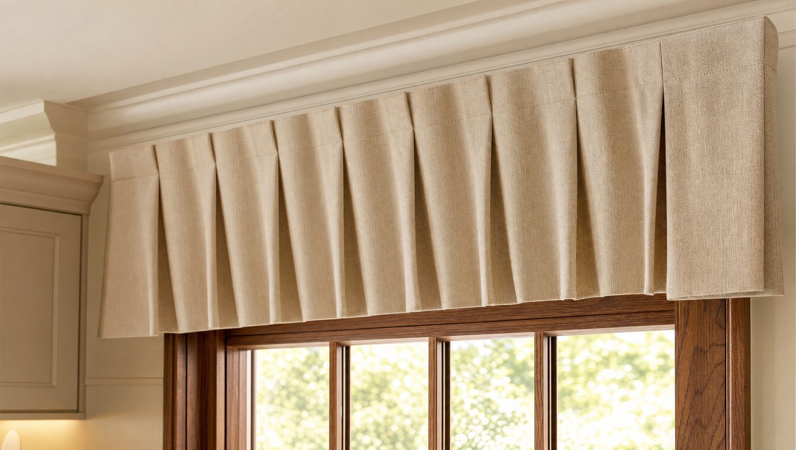 A pleated linen valance topping a kitchen window with warm wood trim