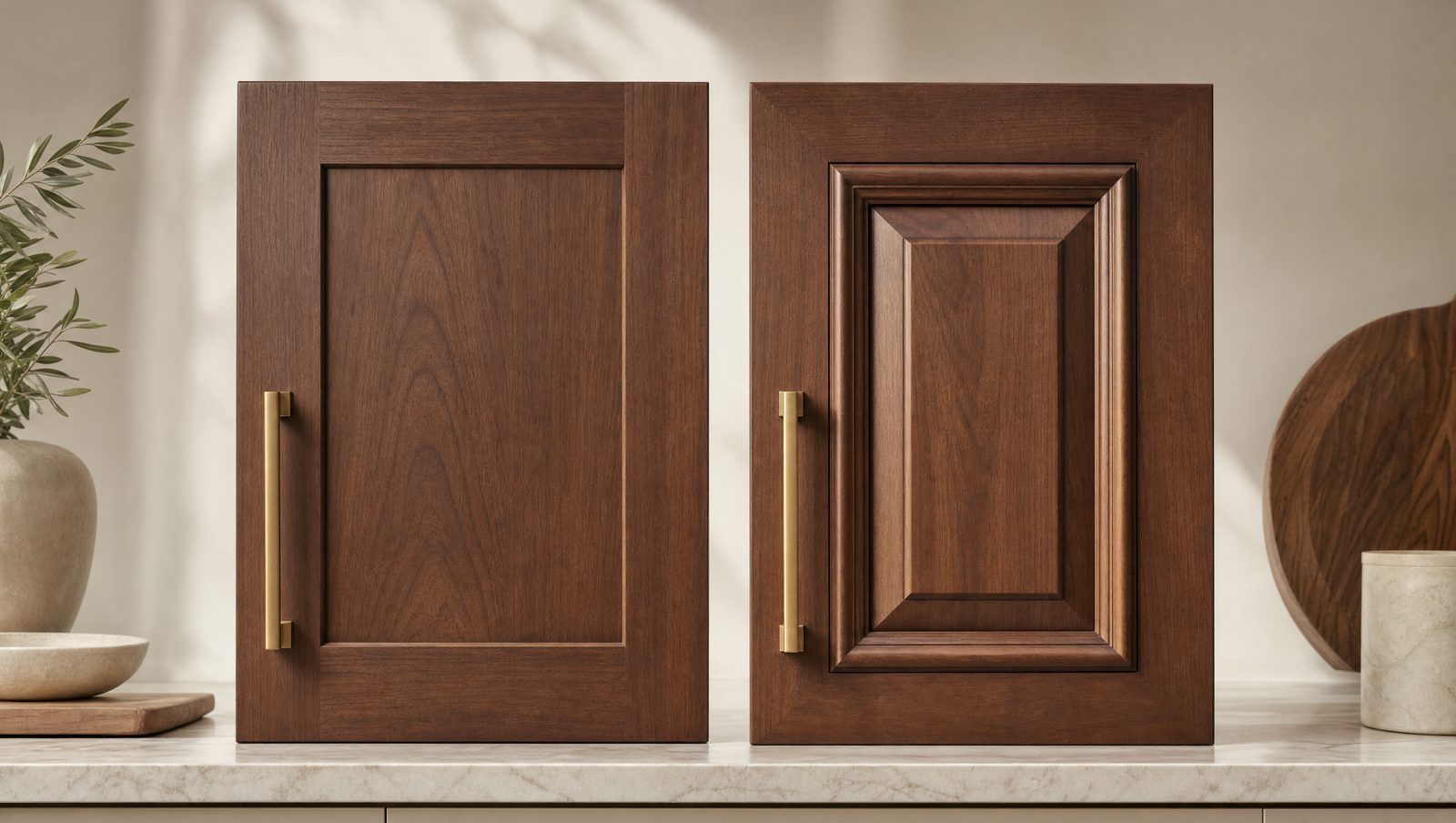 A Shaker cabinet door with a flat center panel beside a raised panel door with contoured molding