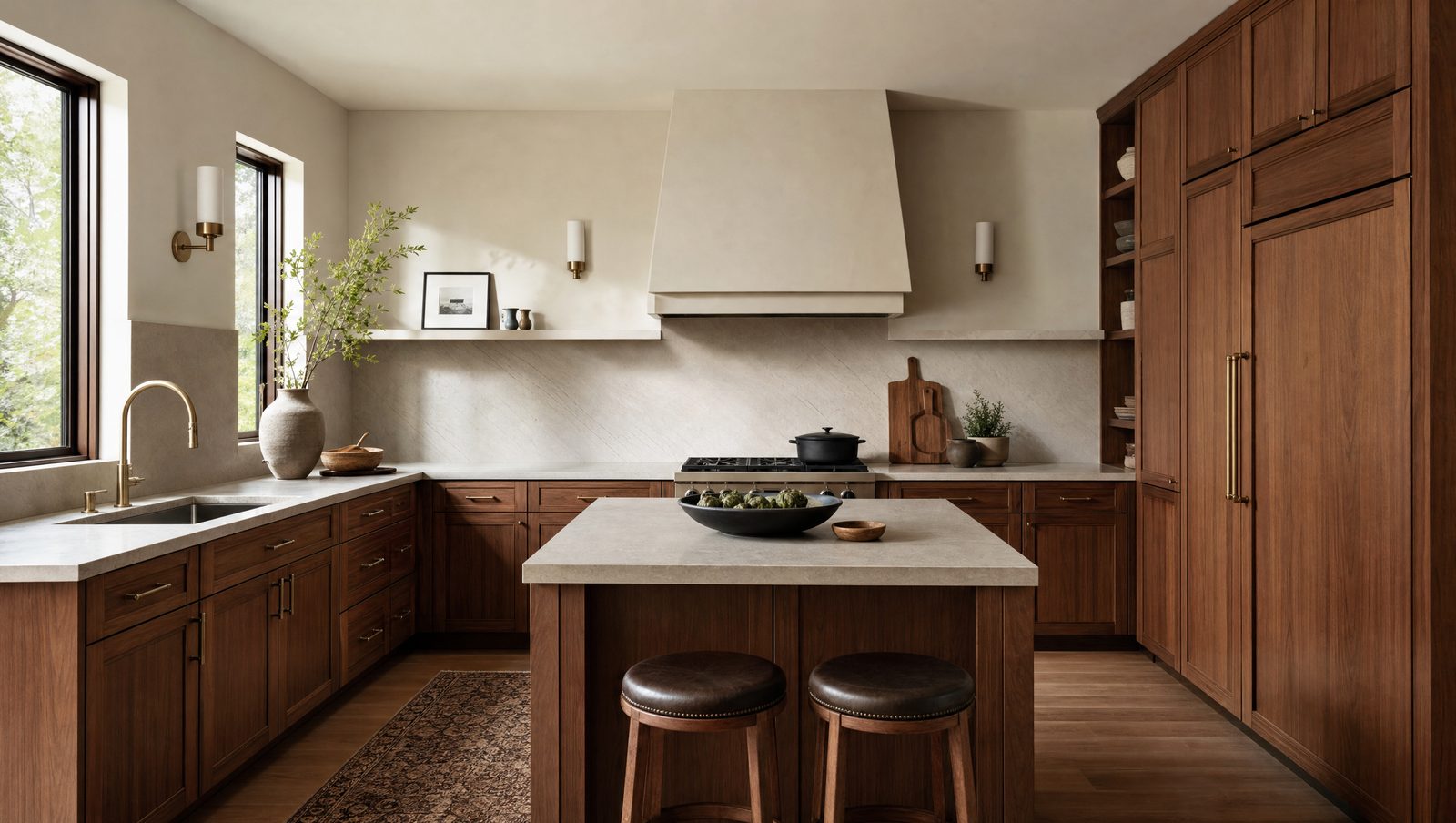 A well-proportioned medium-size custom kitchen with an L-shaped layout and small island