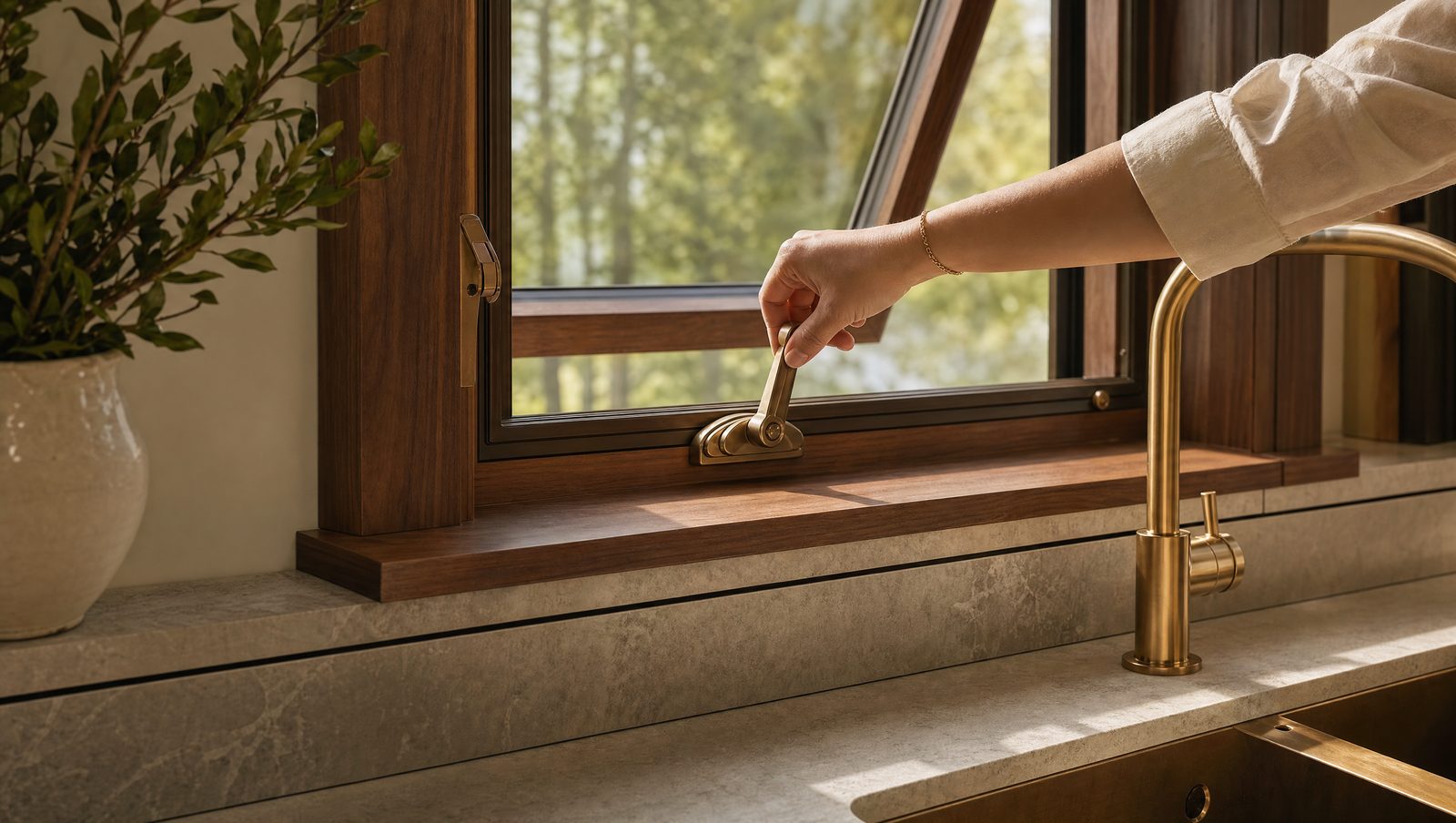 A hand turning the crank of a casement window above a kitchen sink in daylight