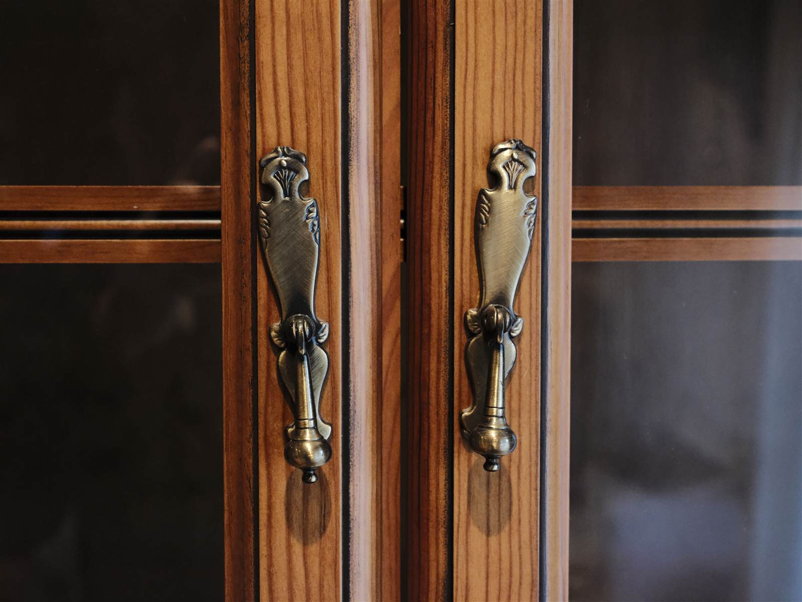 Close-up of elegant brass cabinet pull hardware mounted on a wooden kitchen cabinet door