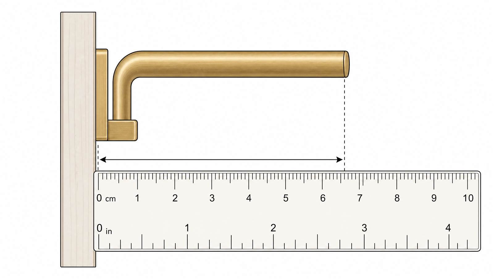 Side-profile view of a brass cabinet pull measured against a ruler showing how far it projects from the mounting surface