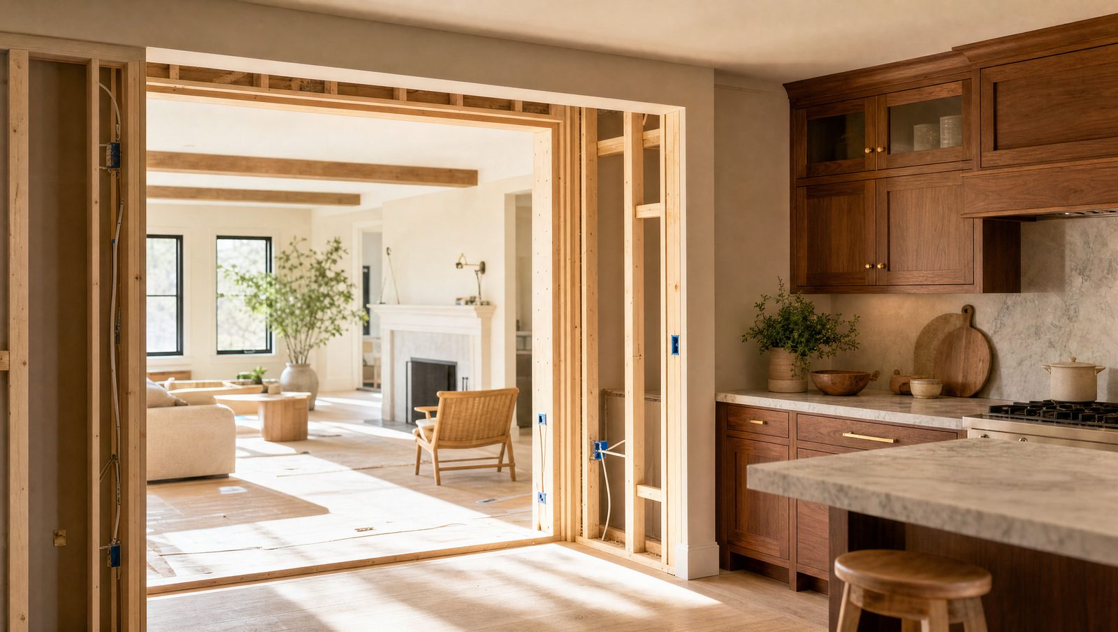 A kitchen mid-construction with a wall opening being framed, cabinetry finished on the other side