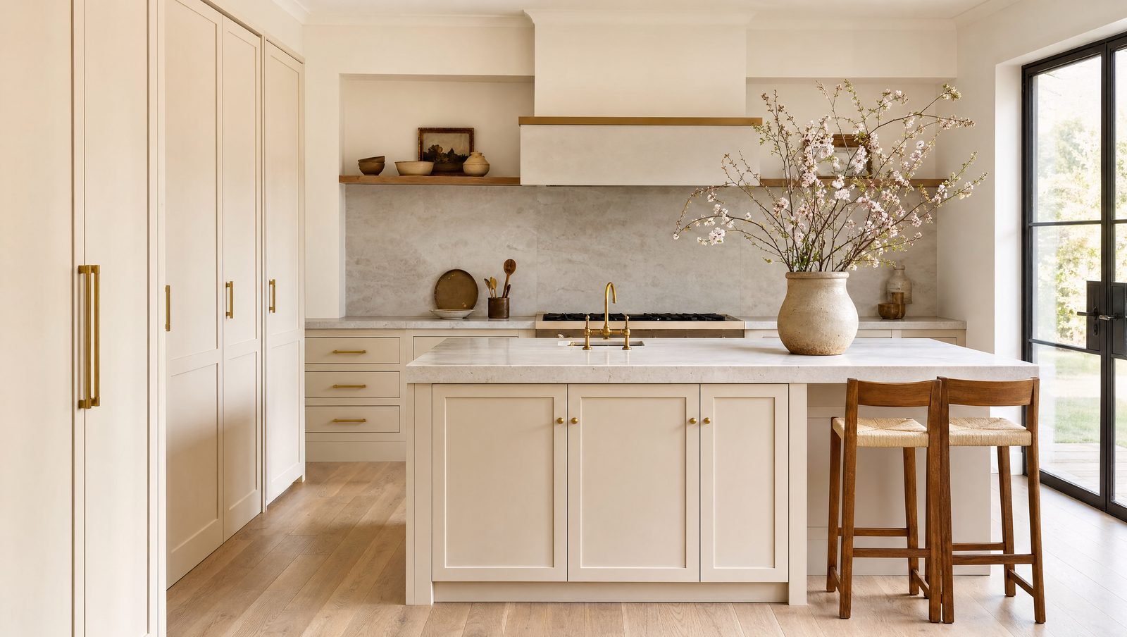 A clean modern kitchen with Shaker cabinets, flat recessed panels and slim brass hardware