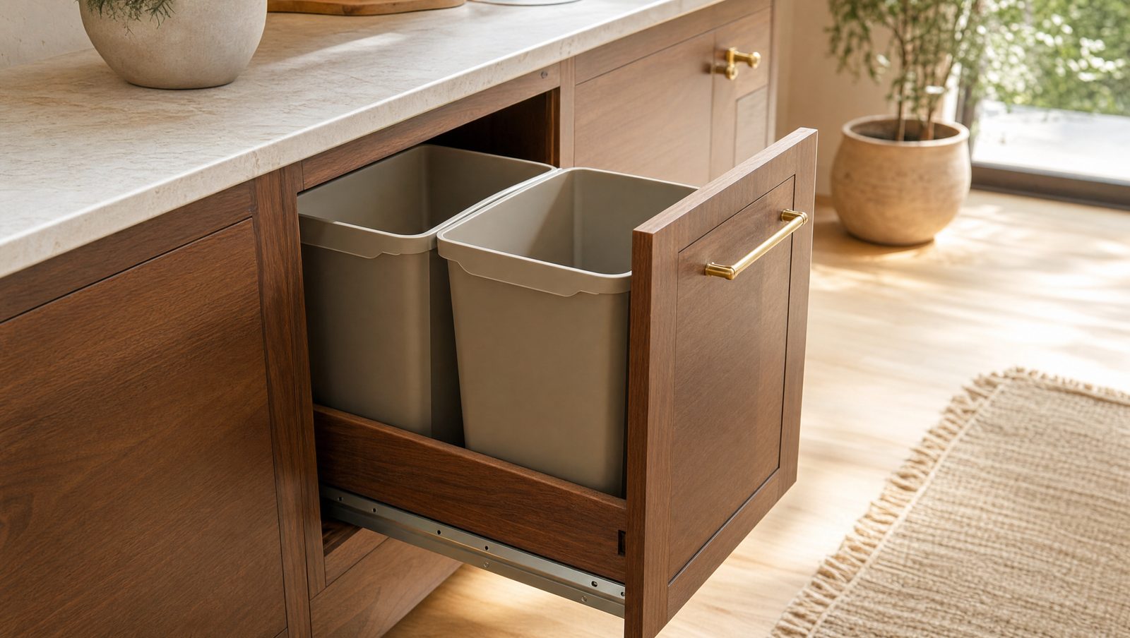 An open pull-out waste cabinet with two matching bins for trash and recycling