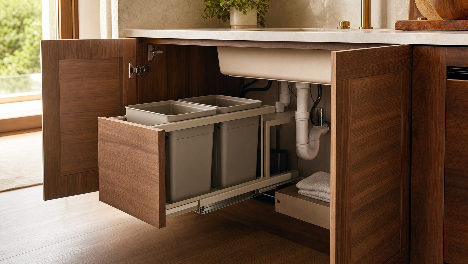 An open under-sink cabinet with a compact pull-out bin fitted around the plumbing