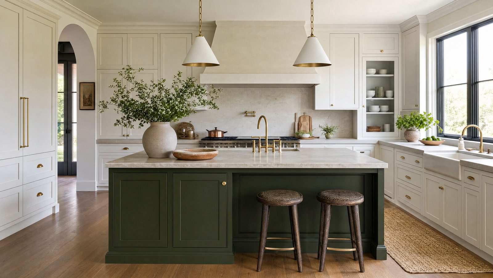 A two-tone kitchen with warm white perimeter cabinetry and a bold deep green island