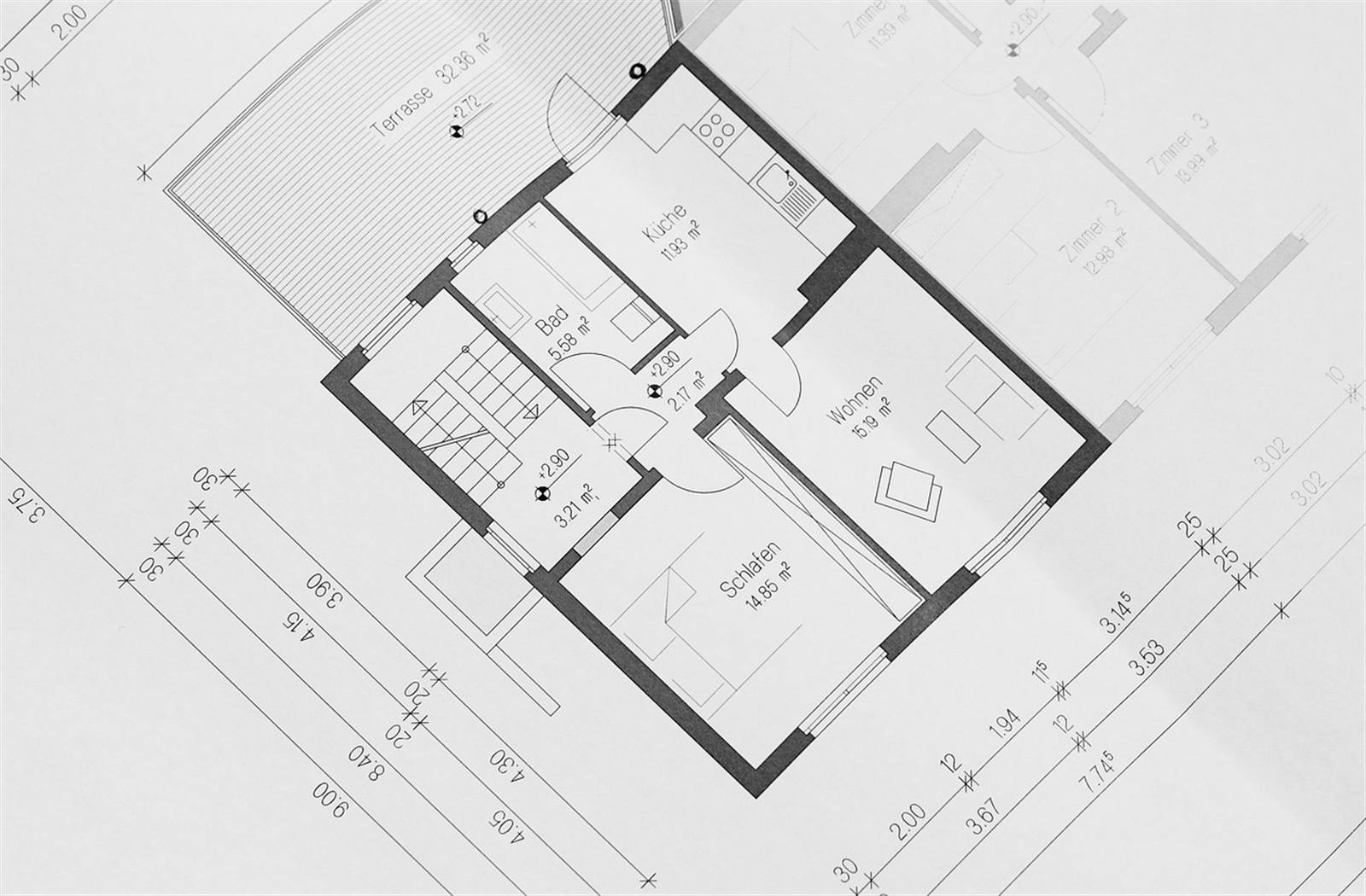 Architectural blueprint floor plan illustrating a home layout, evoking kitchen work triangle planning