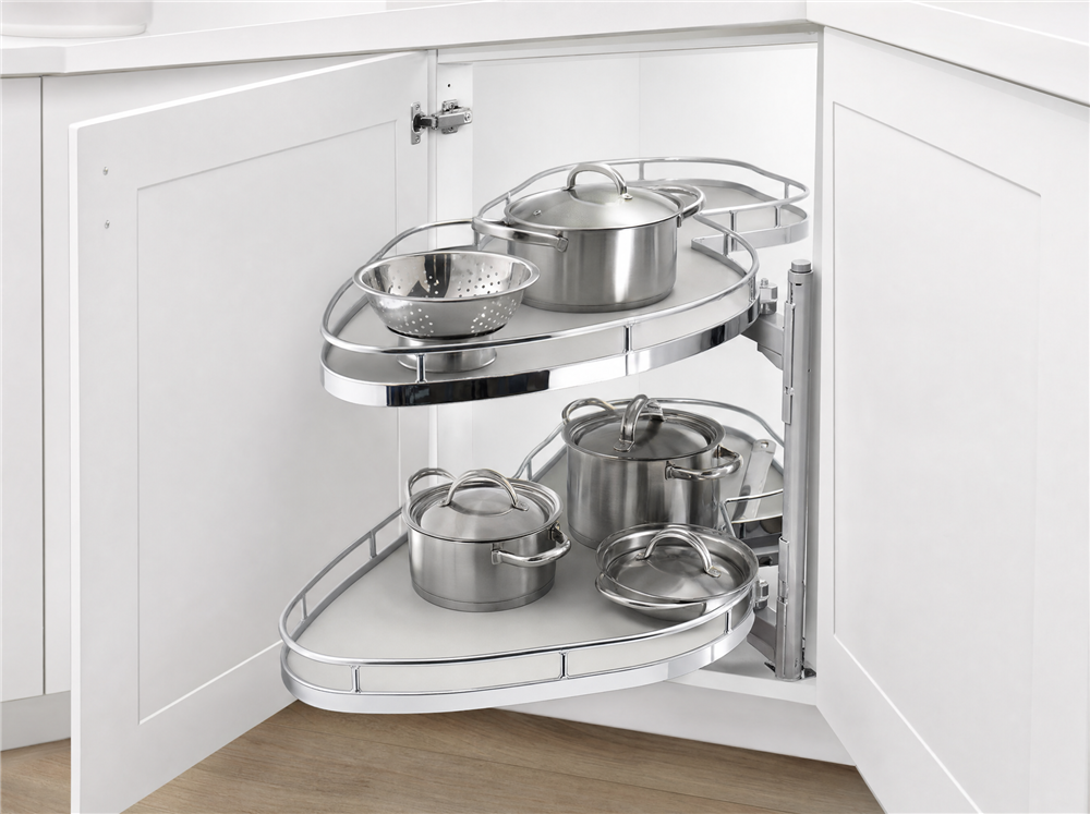 Illustrative rendering of a Lemans corner pull-out for a blind base kitchen cabinet