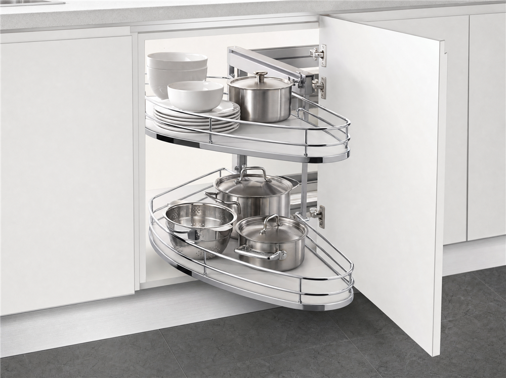 Illustrative rendering of a universal blind corner pull-out for a kitchen base cabinet