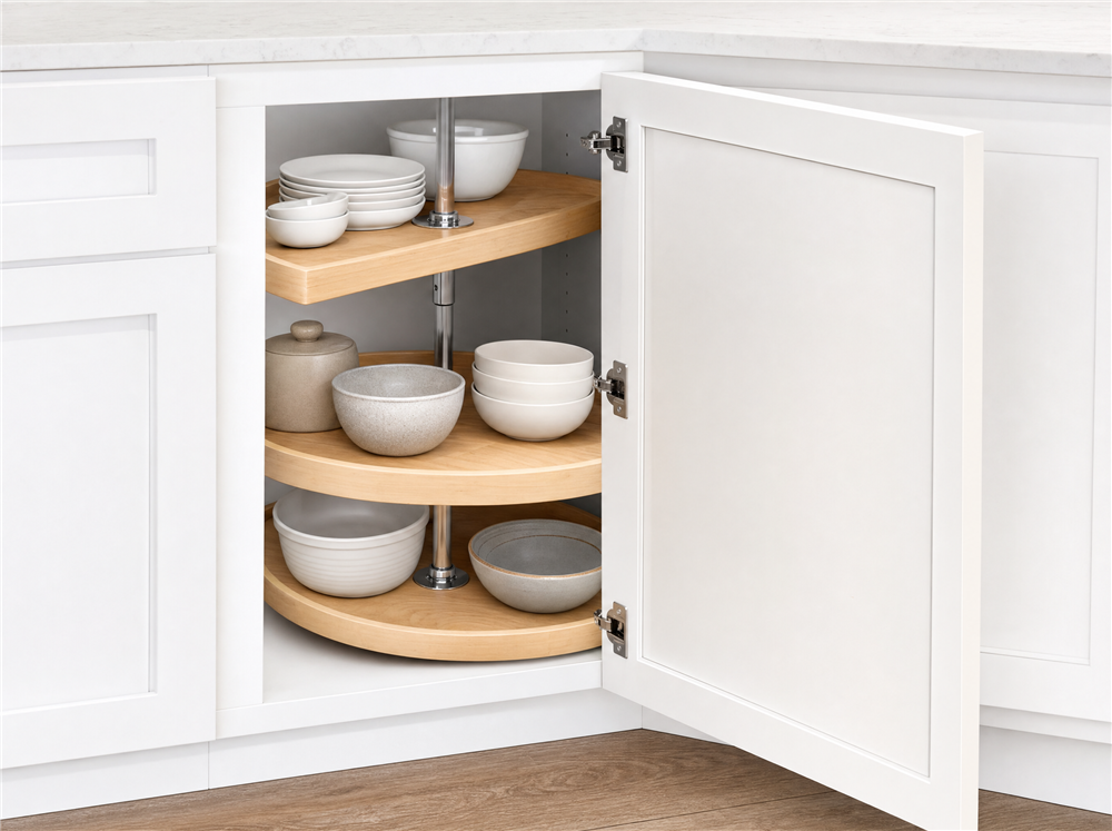 Illustrative rendering of a Lazy Susan for a pie cut base kitchen cabinet