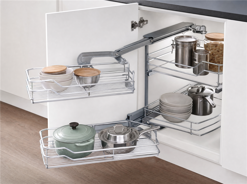Illustrative rendering of a Magic Corner folding mechanism for a blind kitchen cabinet