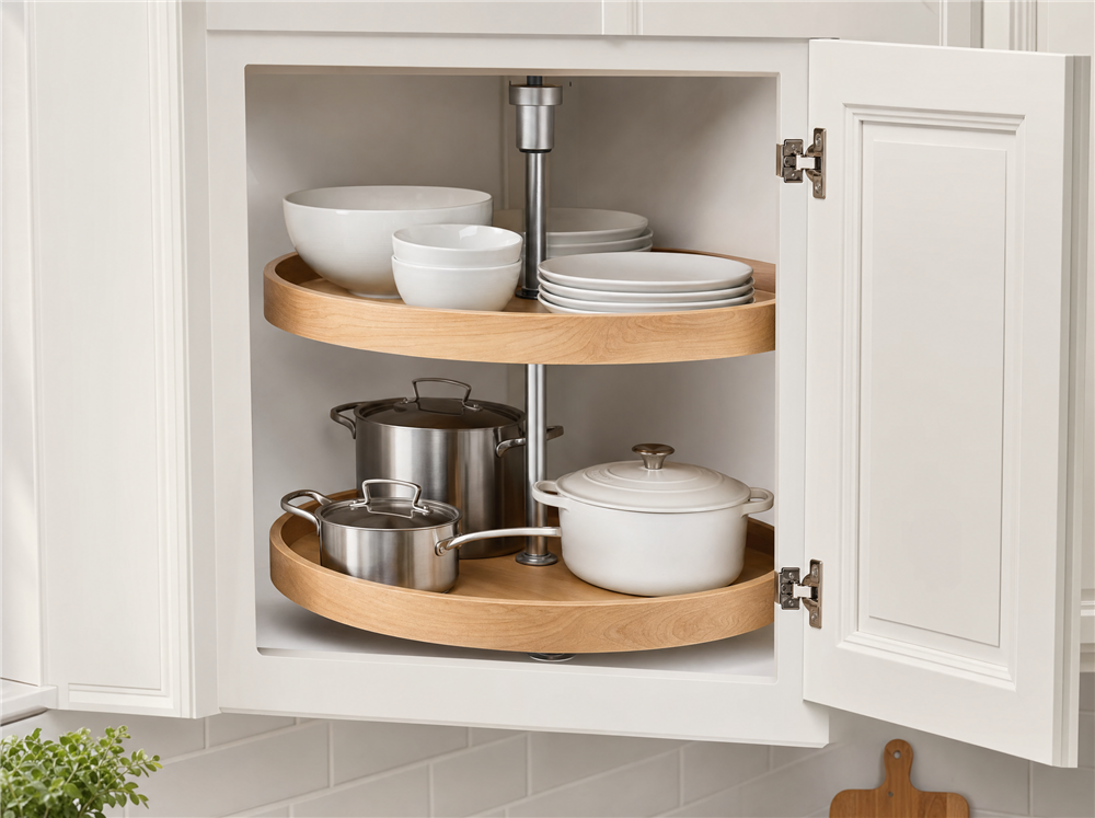 Illustrative rendering of a corner Lazy Susan with pole for an upper kitchen cabinet